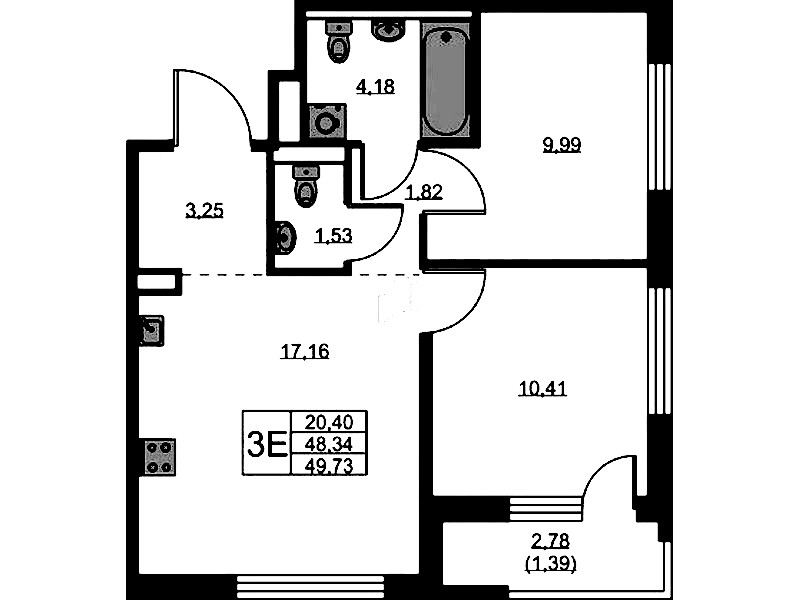 2-комнатная квартира 49.73 м², 3/5 эт., ЖК «GloraX Новоселье»